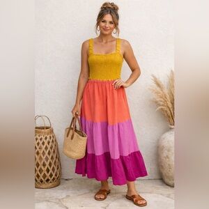 Frye NWT Colorblock Smocked Maxi Dress Large Boho Resort $139